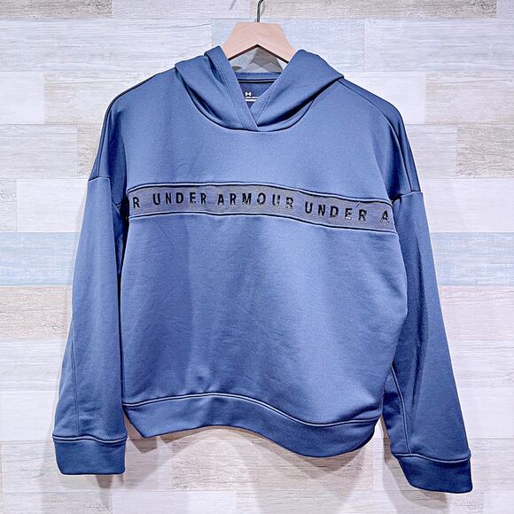 Under Armour Logo Stripe Tech Terry Hoodie Sweatshirt Blue Loose Womens Small - Picture 1 of 7